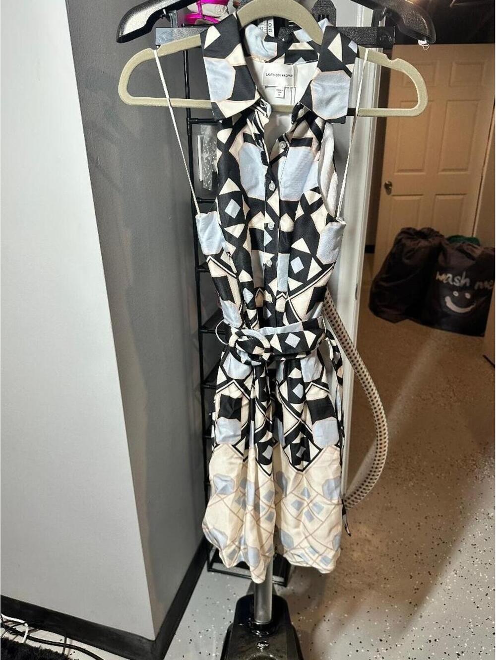 Lavender Brown Rayna Geometric Sleeveless Belted Midi Dress Blue Black Cream M N - Picture 5 of 5